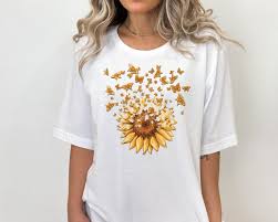 Sunflower Butterfly Shirt, Butterfly Tee, Mothers Day Gift Shirt, Sunflower  Shirt, Floral V-neck, Flowers Gift T-shirt, Botanical Tee,flower
