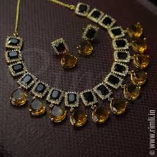 Black And Gold Jewelry Set Black Gold Rimli In 2020 Black Gold Necklace Wedding Jewellery Necklace Indian Jewelry Earrings