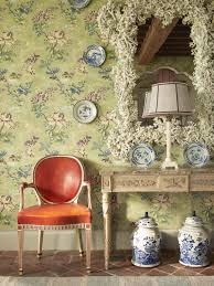 Arthouse painted brick pattern white washed realistic mural white wallpaper. Cathy Kincaid Interior Design The Well Adorned Home Book Green Wallpaper Dining Room Red Leather Chair Console Mirror Blue White China Katie Considers