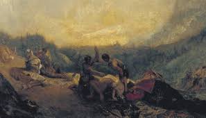 There is a curved arch of black storm clouds hovering over the soldiers with a golden sun peeking through the grayness. Snow Storm Hannibal And His Army Crossing The Alps Exhibited 1812 By Joseph Mallord William Turner 1775 1851