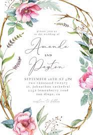 Woodland Flower Wreath Wedding Invitation Template Greetings Island Wreath Wedding Invitations Wedding Invitation Templates Flower Wedding Invitation
