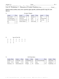 Unit 5c Worksheet 3 Measures Of Central Tendency Descriptive Statistics Business