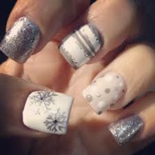 Grays And White Holiday Nails With Silver Glitter Stripes Polka Dots And Snowflakes Holiday Nails Xmas Nails Christmas Nails