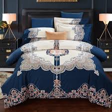 Luxury Navy Blue Gold And Beige Bohemian Indian Pattern Royal Style 100 Brushed Cotton Full Queen Size Be Bedding Sets Queen Bedding Sets Duvet Bedding Sets