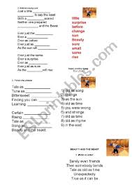 Tale as old as time true as it can be barely even friends then somebody bends unexpectedly just a little change small, to say the least both a little scared . Worksheet Lyrics Of Beauty And The Beast Esl Worksheet By Siwawa58