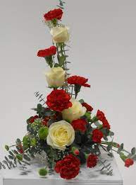 Symmetrical Front Facing Arrangement Red Carnations White Roses Babys Breath Tropical Floral Arrangements Fresh Flowers Arrangements Floral Arrangements
