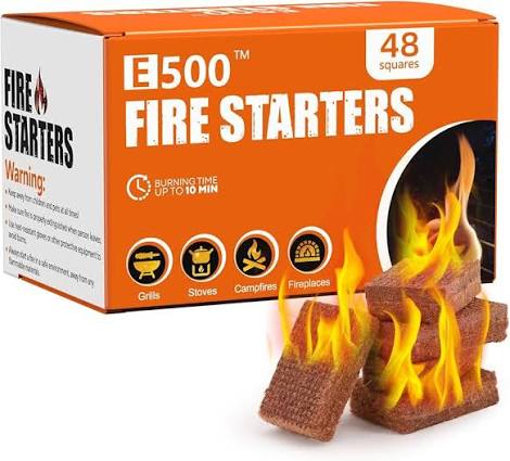 Amazon.com : E500 Fire Starter, Waterproof Firestarter Sticks - Easy Fire  Ignition | 48 Cubes Large Natural Charcoal Starter for Campfires, Charcoal  Chimney, BBQ Grill, Fire Pit, Wood Fireplace : Sports & Outdoors