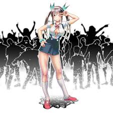 wokada, hachikuji mayoi, bakemonogatari, kabukimonogatari, monogatari  (series), 1girl, aged up, bandaid, bandaid on knee, bandaid on leg,  bracelet, breasts, brown eyes, brown hair, bursting breasts, cleavage,  contrapposto, crowd, full body, hair ribbon,