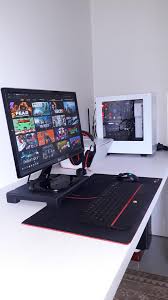 Black And White Pc Setup My Clean Battlestaion White Themed With Black Amp Red Features Video Game Room Design Game Room Design Gaming Room Setup