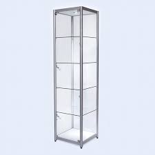 Behind the tempered glass door, you'll find four shelves; Aluminium Glass Tower Showcase Display Cabinet 500mm W X 500mm D X 1980mm H Tss1559 The Shop Fitting Shop