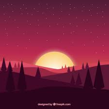 Fondo de campo al anochecer con pinos y montañas | Vector Gratis