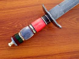 Blade 5 inches handle 5 inches camel bone handle comes with solid leather sheath. Damascus Steel 27 Dagger Hunting Sword Custom Handmade