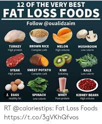 In order to lose weight, you need to create a calorie deficit (when you burn more calories than you consume), according to the mayo clinic. 12 Of The Very Best Fat Loss Foods Follow Brown Rice Complex Carb Turkey High Protein Melon High Volume Mushroom Low Calorie Sweet Potato Complex Carb Kale Low Calorie Kiwi Satiating Steak