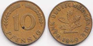 According to sammler.com (a collector's site, in german) the value of a 10 pfennig piece from 1949 depends. Brd 10 Pfennig 1949 F Stahl Tombakplattiert Bank Deutscher Lander Sehr Schon Ma Shops