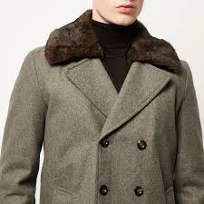 • hooded ⦁ faux fur trim ⦁ faux fur lining panels ⦁ high neckline ⦁ press stud fastening collar guard ⦁ zip through front fastening ⦁ contrast trims ⦁. River Island Ecru Wool Blend Faux Fursmart Peacoat In Green For Men