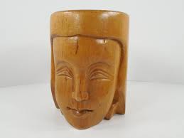 Wood Philippine Balinese Bali Thai Sawadee Welcoming Lady Female Face Mug  Sculpture Statue Hand Carved Wooden Woman Face Welcoming Blessing