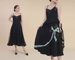 Vintage Black Lace Dress Size Medium Sequin Bow Applique Spaghetti Strap Sweetheart Neckline Full Party Dress By Rudolf M 8 By S Vintage Black Lace Dress