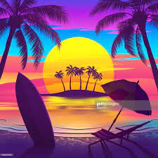 Tropical Beach At Sunset With Palm Trees Chaise Longue Surfboard In 2021 Beach Illustration Sunset Canvas Painting Surf Painting