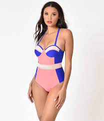 Retro Style Neon Pink Blue Mesh Balconette One Piece Swimsuit One Piece Retro Fashion Retro Swimwear