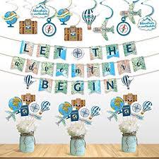 Courtesy of bed bath & beyond. Travel Themed Party Decorations Set Let The Adventure Begin Banner Centrepieces Sticks And Hanging Swirls For Bon Voyage Retirement Farewell Party World Awaits Birthday Baby Shower Decorations Supp Buy Online At Best