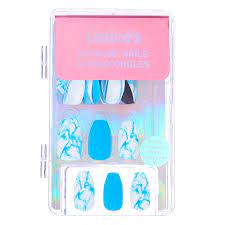 Mixed Neon Matte Marble Coffin Faux Nail Set Blue 24 Pack In 2021 Bright Nails Neon Baby Blue Nails Bright Nails