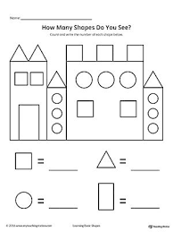 A worksheet in which students must identify shapes and match the pictures with the words. Recognize And Count The Shapes In The Castle Shapes Worksheet Kindergarten Shapes Kindergarten Shapes Worksheets