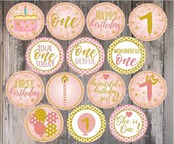 Rose Gold Happy Birthday Cake Topper Printable Pink And Gold First Birthday Cupcake Toppers Baby Girl Etsy First Birthday Cupcakes Girl Birthday Cupcakes First Birthdays