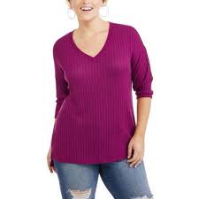 Faded Glory Womens Rib Hacci Knit Sweater V Neck Pullover Plus Size