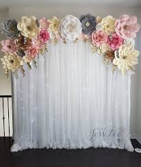 Paper Flower Backdrop With Fairy Lights Pink Grey White Champagne And Ivory Paper Flower Backdrop Wedding Paper Flowers Wedding Paper Flowers Diy Wedding