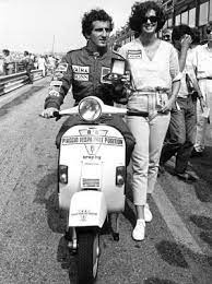 Old Scoot Four Time F1 Champion Alain Prost On A Vespa In Vespa Vintage Vespa Vespa Scooters