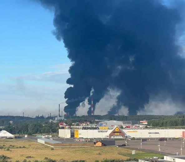 Smoke rises from a targeted Russian oil refinery following a successful Ukrainian long-range drone strike.