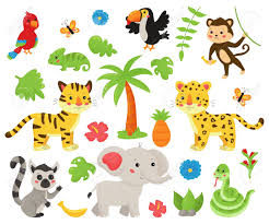 Hand drawn cute isolated tropical summer watercolor hippo animals seamless pattern. Set Of Jungle Animals And Tropical Plants Cute Cartoon Kawaii Royalty Free Cliparts Vectors And Stock Illustration Image 140939495