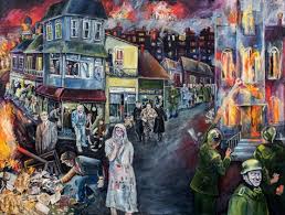 This Huge 10 Foot Painting Depicts The Kristallnacht Night Of Broken Glass This 2 Day Burning Of Synagogues Books Busi Painting Jewish Art Artist Painting