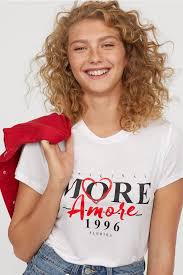 T Shirt With Printed Motif White More Amore Ladies H M Us 1 Romantic Tee Womens Shirts Fashion
