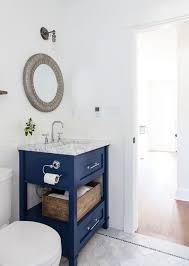 Navy Bathroom Vanity Herringbone Carrara Marble Floors Wine Crate To Hold Towels Blue Bathroom Vanity Small Bathroom Vanities Bathroom Solutions