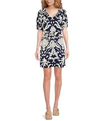 Alex Marie Allison Satin Shell Print Crepe Short Sleeve Belted A-Line Dress 