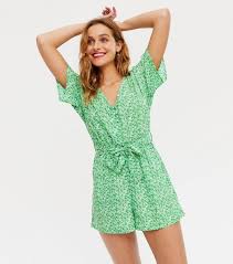 Green Ditsy Floral Belted Playsuit New Look