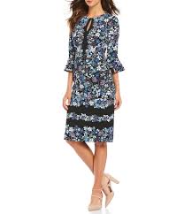 Maggy London Floral Print Keyhole Round Neck 3 4 Bell Sleeve Textured Crepe Sheath Dress Dillards