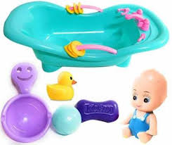 My baby is waiting for me to have a bath, before the hot water gets cooler i need to get dressed properly and go next to my cute baby! Indusbay Bathtime Doll Bath Set Mini Bathtub Plastic Toy With Pretend Play Games For Kids 6