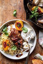 Prosciutto Balsamic Peach Chicken With Burrata And Basil Half Baked Harvest Recipe Peach Chicken Balsamic Peach Main Dish Recipes