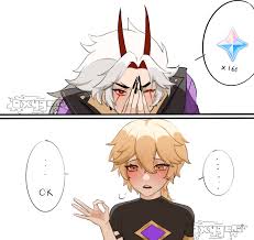 oxygen (0220), aether (genshin impact), arataki itto, genshin impact, oni  horns, highres, 2boys, blonde hair, blush, bracelet, braid, breasts, brown  eyes, earrings, flower, hair between eyes, hair ornament, horns, japanese  clothes, jewelry,