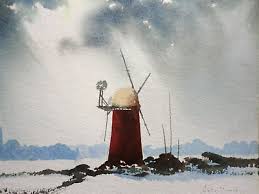 Original John Pooler Norfolk Winter Countryside Painting, Snow, Windmill,  Signed