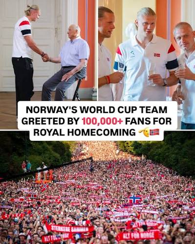 More than 100,000 fans welcomed Norway home after its best-ever World Cup  finish 🇳🇴🔥 The team also visited the Royal Palace, where Haaland met  King Harald and the royal family 🥂