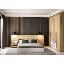 Asaro Nesi Hálószoba bútor, ágy 160 x 200 cm, éjjeliszekrényekkel,  szekrény, tölgy / fényes fehér - eMAG.hu