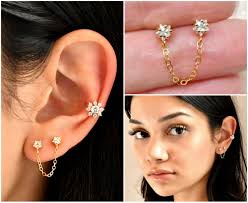 Connected Star Earrings, Tiny Gold Cubic Zirconia Star Studs, Cz Diamonds,  Celestial Double-piercings Set Two Stars, 14k Gold Filled Chain