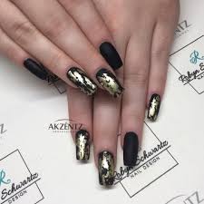 Nail designing salons have professional nail designing tools to create nails designs. Matte Black And Gold Gel Nails Matte