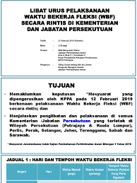 Berita baik buat penjawat awam, pelaksanaan waktu bekerja fleksi (wbf) di agensi kerajaan persekutuan seluruh negara akanberkuat kuasa 1 ogos depan menggantikan waktu bekerja berperingkat (wbb). Slide Libat Urus Rintis Wbf Di Kementerian Dan Jabatan Persekutuan 21 Jan 2019 Latest