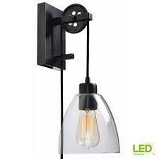 Home Decorators Collection 1 Light Oil Rubbed Bronze Clear Glass Plug In Wall Sconce Adjustable Pulley With Vintage Led Bulb Hdp98266t20 The Home Depot