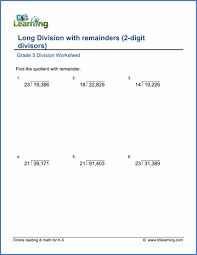 5th grade multiplication and division worksheets, including multiplying in parts, multiplication in columns, missing factor questions, mental division, division with remainders, long division and missing dividend or divisor problems. Grade 5 Multiplication Division Worksheets K5 Learning