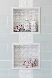Blue Subway Shower Tiles Frame Two White Glass Mini Brick Tiled Shower Niches Connected By White Glass I Tile Shower Niche Bathroom Remodel Master Shower Niche